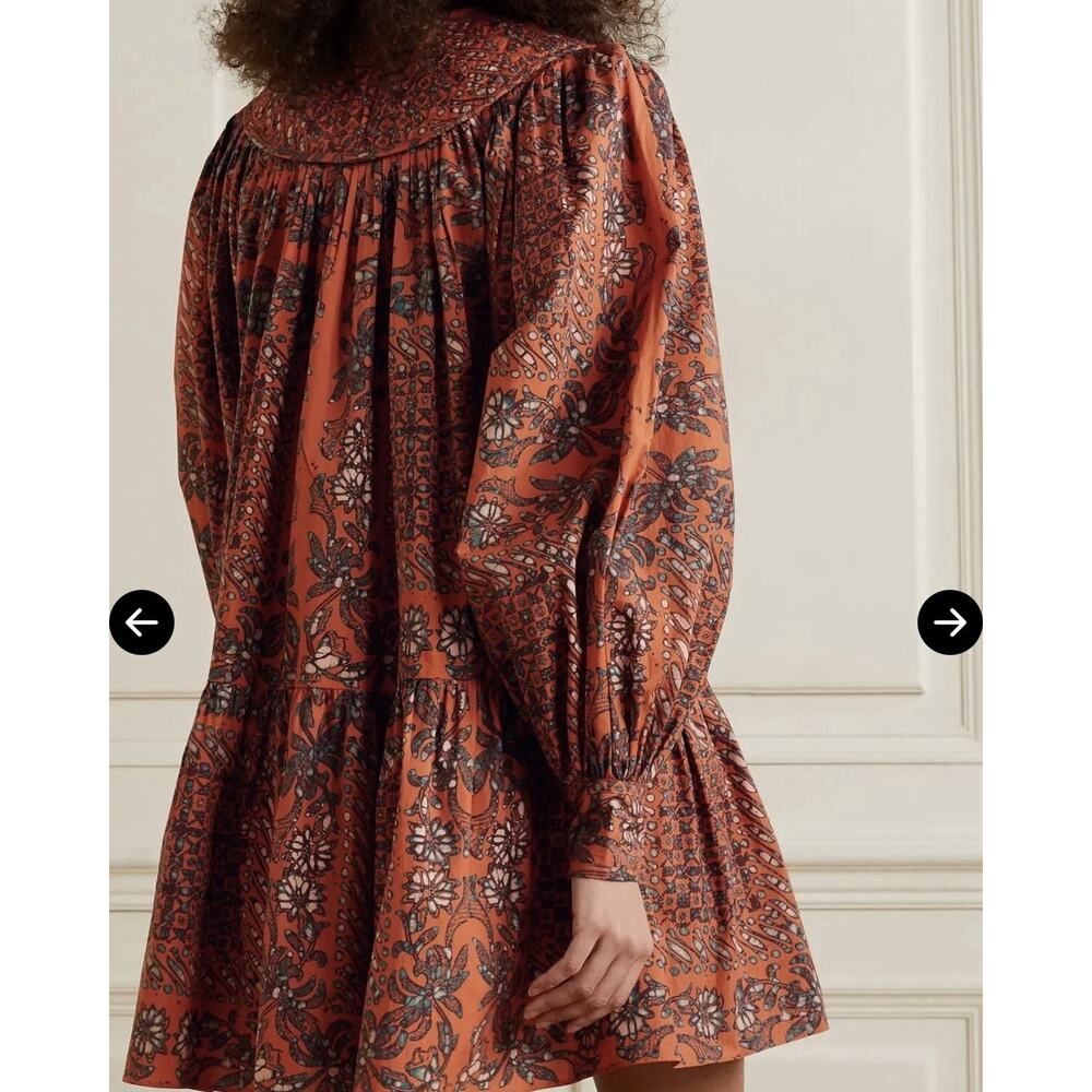ULLA JOHNSON Ria Gathered Printed Cotton Poplin Mini Dress In Clementine Size 00 - Picture 2 of 15